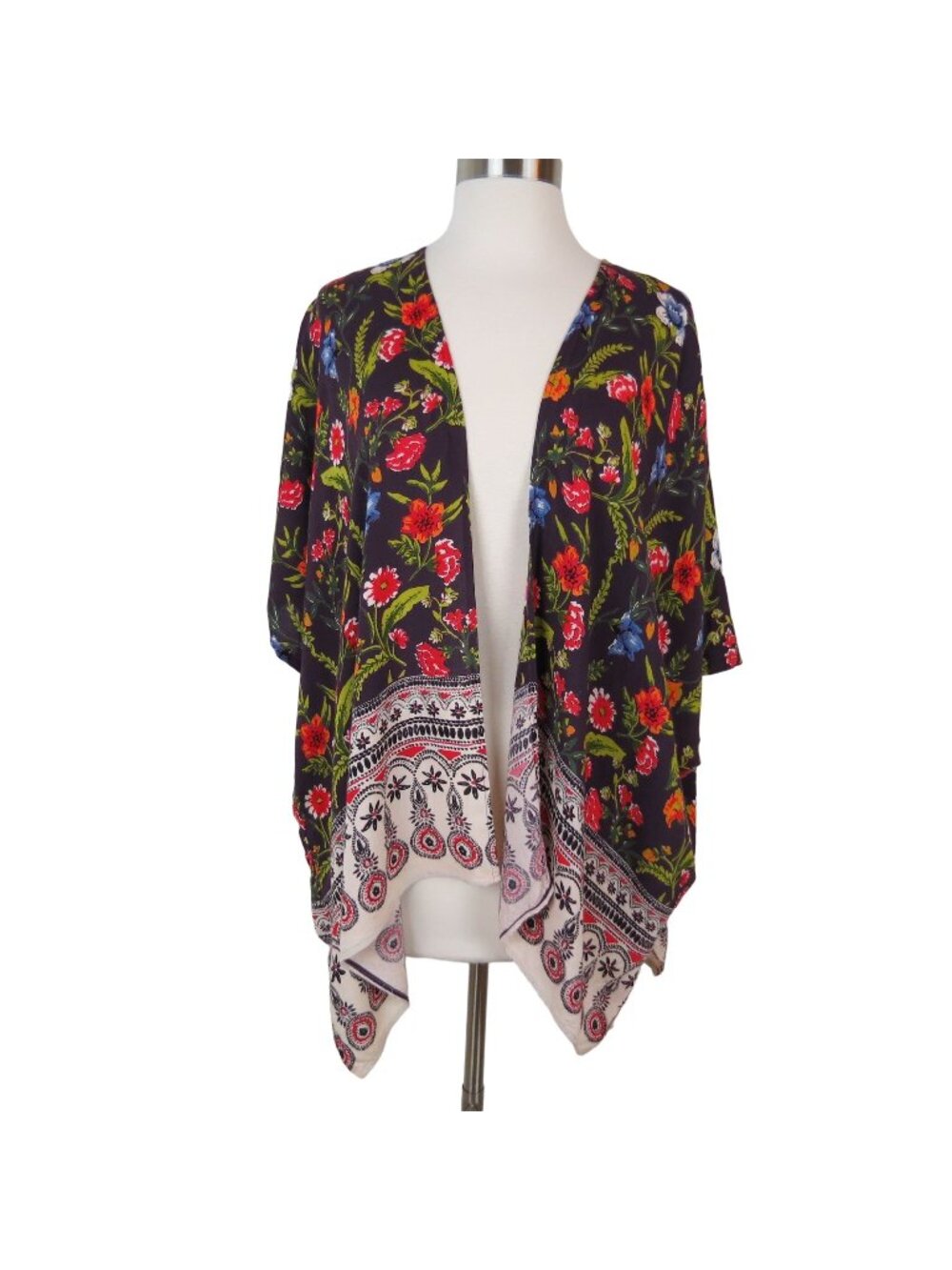 ANGIE Kimono Women's Eggplant Floral Rayon Open Front Cardigan Size S